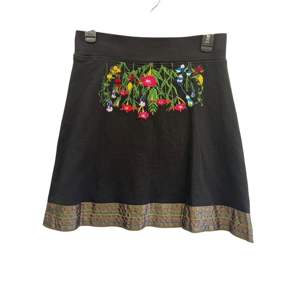 Desigual Embroidered Floral Garden A Line Mini Skirt Black Boho Artsy Indie XS